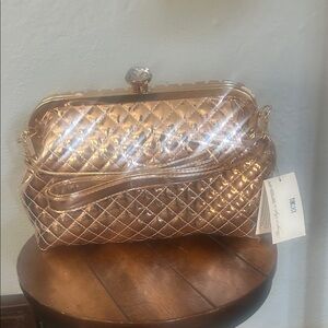 Quilted Metallic Rose Gold Clutch with Crystal Top Closure